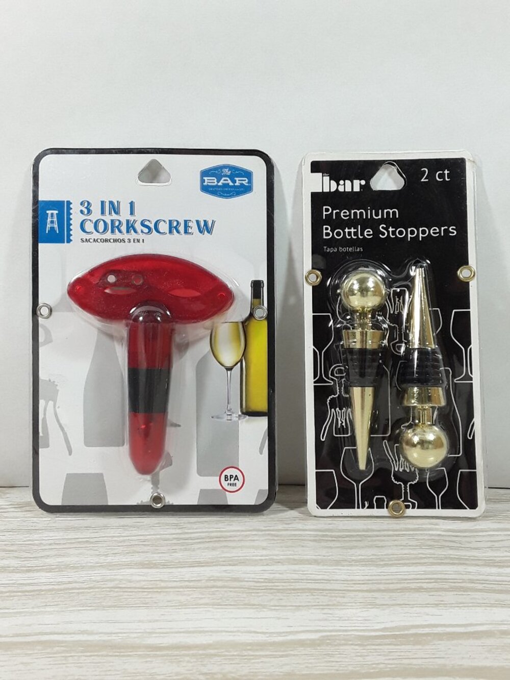 The Bar Wine Bottle 3-in-1 Tool and 2 Goldtone Stoppers, Foil Cutter, Corkscrew